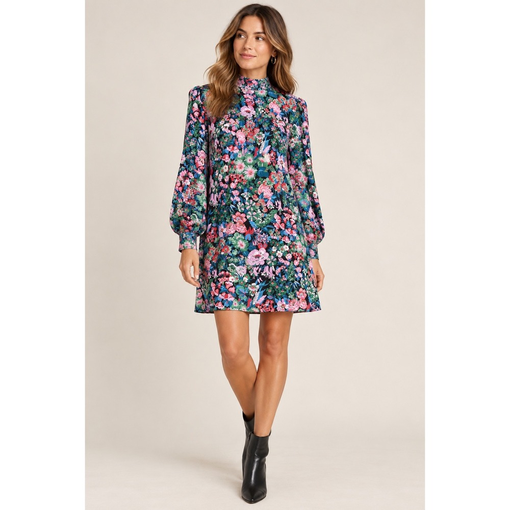 WHIT Floral High Neck Tie Back Mini Dress Black Pink Green XS Anthropologie